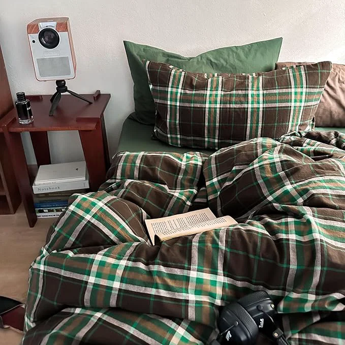 Modern Brown amp Green Buffalo Plaid Duvet Cover Full Size 3 Piece Vintage Checkered Grid Bedding Set Washed Cotton Plaid Comforter Cover Farmhouse Grid Pattern Breathable Duvet Cover with 2 Pillowcases Outstanding