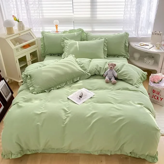 Trendy CLOTHKNOW Green Ruffle Queen Comforter Set Farmhouse Bedding Comforter Sets Sage Green Shabby Chic Comforter with 2 x Pillowcases Fine