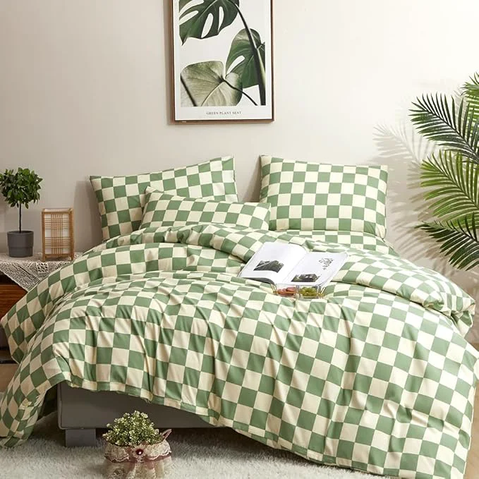 Selected CLOTHKNOW Green White Plaid King Size Comforter Set Grid Bedding Comforter Sets Soft Checkerboard Comforter with 2 x Pillow Cases User-Friendly