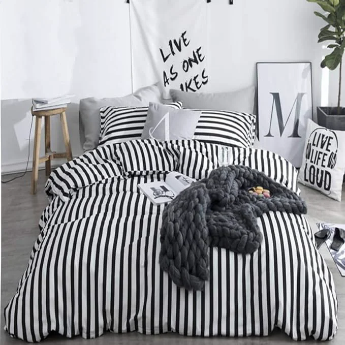Elite CLOTHKNOW Striped Full Size Comforter Set Black and White Bedding Comforter Sets Farmhouse Comforter Ticking Boho Comforter with 2 x Pillow Cases Next-Generation