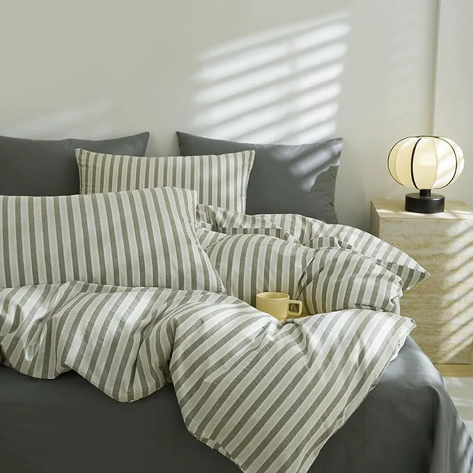 Proven LifeTB Grey Striped Duvet Cover Set King Washed Cotton White Grey Stripes Pattern Printed Comforter Cover 3 Pieces Farmhouse Striped Bedding Set Breathable Duvet Cover with Zipper Ties Sophisticated