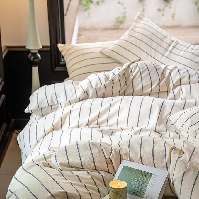 User-Friendly LifeTB Boho Striped Duvet Cover Sets King Beige Cream Duvet Cover with Grey Stripes Pattern Comforter Cover Breathable Farmhouse Bedding Washed Cotton Striped Bedding Comforter Cover King Size Green