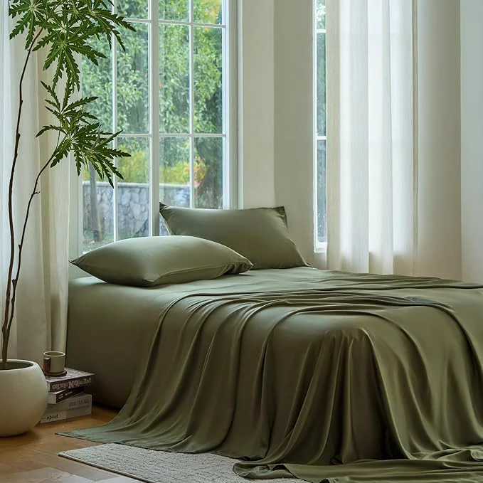 Consistent DOZ Sheet Set Viscose derived from Bamboo Organically Grown Buttery Soft Cooling Sheets High GSM Deep Pockets – 4 Piece – 2 Pillowcases 1 Fitted 1 Top Sheet Olive Full Fine Crafted