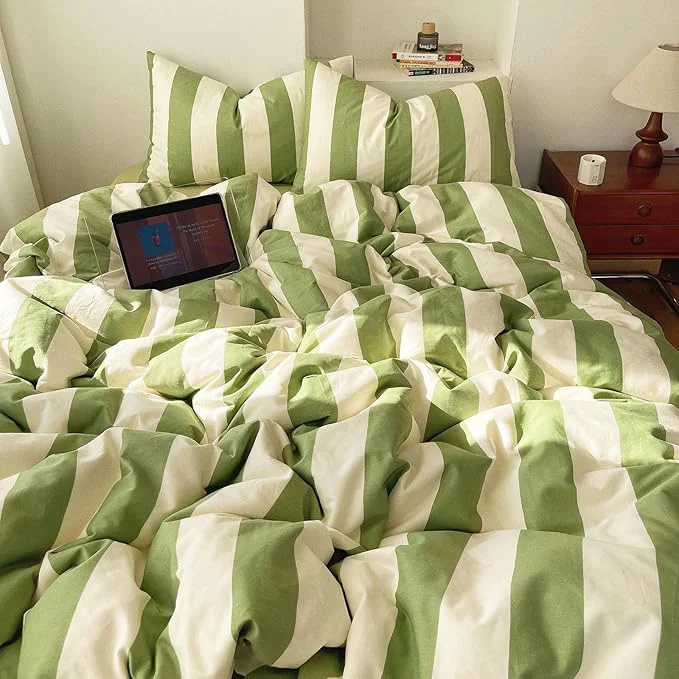 Elegant 3 Pieces Striped Duvet Cover Set Full Sage Green and White Stripes Pattern Printed Comforter Cover Washed Microfiber Farmhouse Striped Bedding Set Breathable Duvet Cover with Zipper Closure Practical