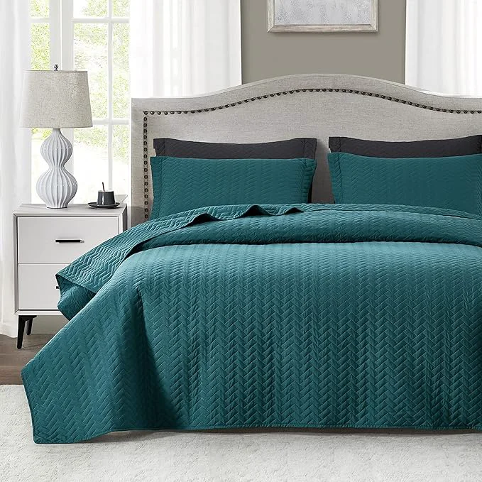 Easy-to-Use Maple amp Stone Quilt Set King Size Lightweight Teal Bedspread Ultrasonic Chevron Pattern Light Coverlet for All Season Comforter Bedding Decor – 3 Piece King Bed Cover Sets Recyclable