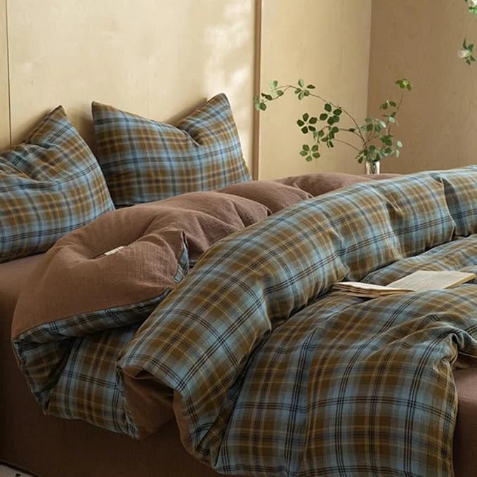 User-Friendly Vintage Blue amp Brown Plaid Duvet Cover Twin XL Cotton Muslin Grid Checkered Plaid Bedding Set Breathable Soft Linen Like Gauze Comforter Cover Farmhouse Gingham Duvet Cover with Zipper Closure Versatile