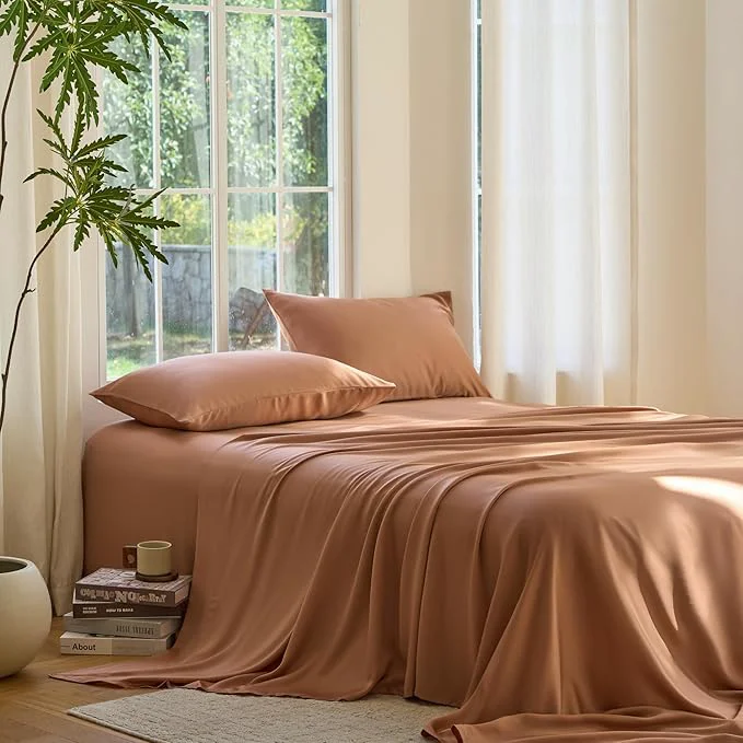 Comfortable DOZ Sheet Set Viscose derived from Bamboo Organically Grown Buttery Soft Cooling Sheets High GSM Deep Pockets – 4 Piece – 2 Pillowcases 1 Fitted Sheet 1 Top Sheet Clay Full Clean