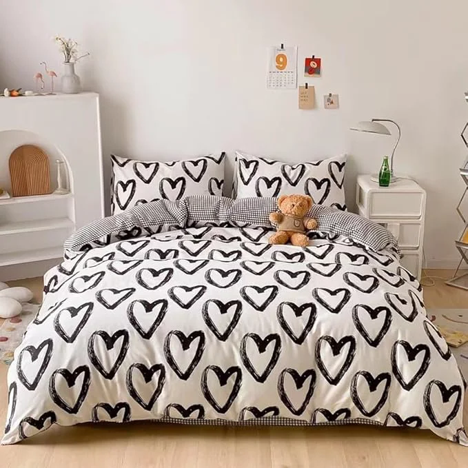 Secure CLOTHKNOW Black White Full Size Comforter Set 3Pcs Love Shaped Bedding Comforter Sets Kawaii Love Black Comforter with 2 x Pillow Cases Professional