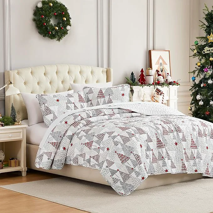Eco-Friendly Southshore Fine Living Inc. California King Christmas Quilt Set with 2 Pillow Shams Reversible Coverlet Holiday Bedding Christmas Tree Design – Red White amp Silver Expertly Made