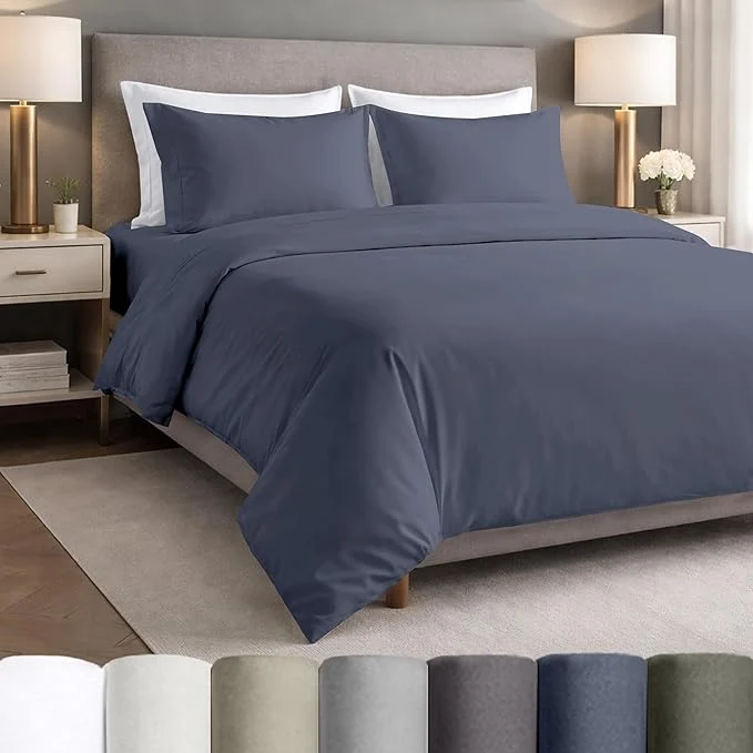 Safe California Design Den Bed Sheets Full Size Set – Egyptian Cotton Percale Sheets Full Size with Deep Pockets Lightweight Crisp and Durable Luxury Bedding Set – Mineral Blue Grey Tone Comfortable