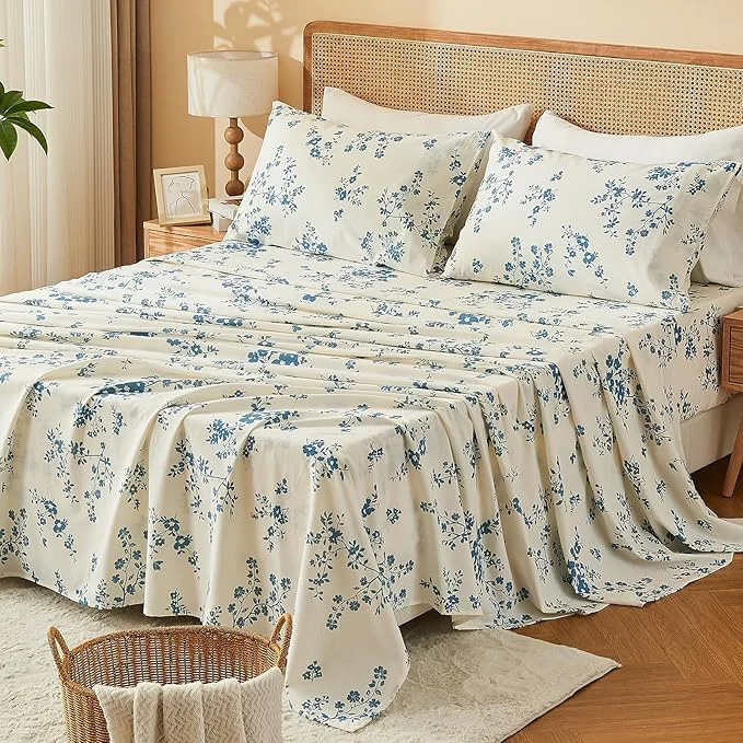 Proven Bedlifes French Linen Sheets King Size – Floral Printed Botanical Pattern Breathable Cooling Sheet Set 16 quot Deep Pocket 4-Piece King Floral Blue Exceptional