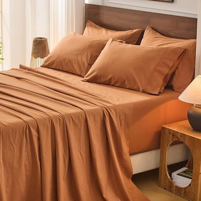 Specialty Bedlifes French Flax Linen Sheets Set Queen Size – 6 Piece Extra Deep Pocket 18-24 quot Soft Breathable Queen Bed Sheets with Temperature Regulating amp Moisture-Wicking Brown Relaxed