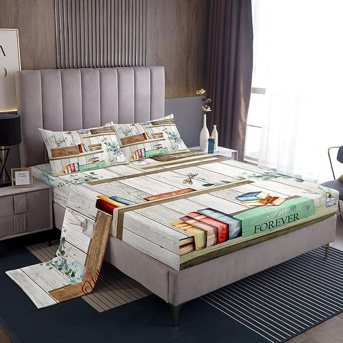 Effective Watercolor Books Bed Sheets Set Reading Time Girls Women Fitted Sheet Rustic Farmhouse Style Bedding Set for Bedroom Decor Floral Leaves Sheet Twin Flat Sheet amp Fitted Sheet with 1 Pillow Case Verified