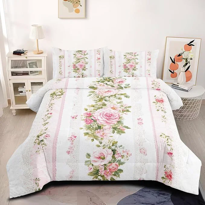 Artisan 7Pcs Twin Size Bed in A Bag for Girls Women Pink Rose Stripe Comforter Sets for Girls Room Decor 1 Comforter 68 quot x 90 quot 2 Pillowcases 1 Fitted Sheet 1 Flat Sheet 2 Pillow Shams Sustainable