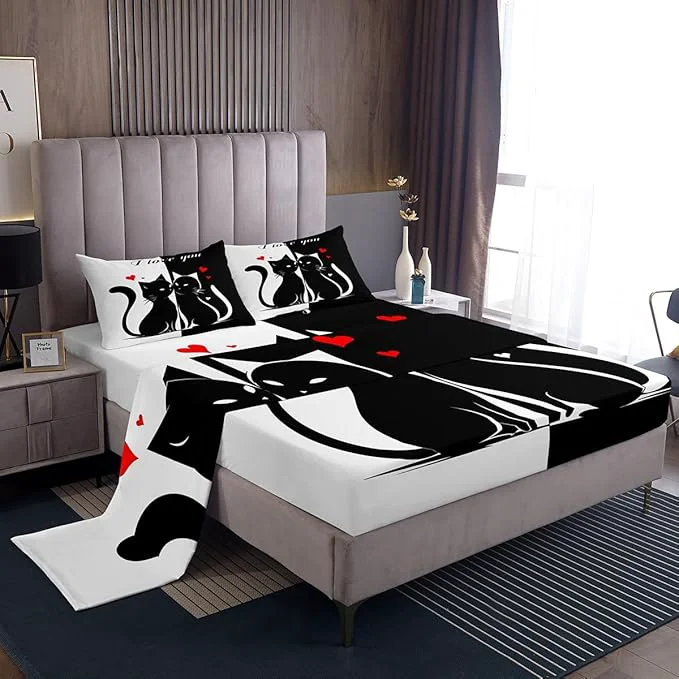 Reliable Cats Lovers Sheets Set King Cute Cat Valentine 39 s Day Decor Bedding Set for Youth Women Bedroom Black and White Couples Bed Set with Deep Pocket Fitted Sheet with 2 Pillow Case World-Class