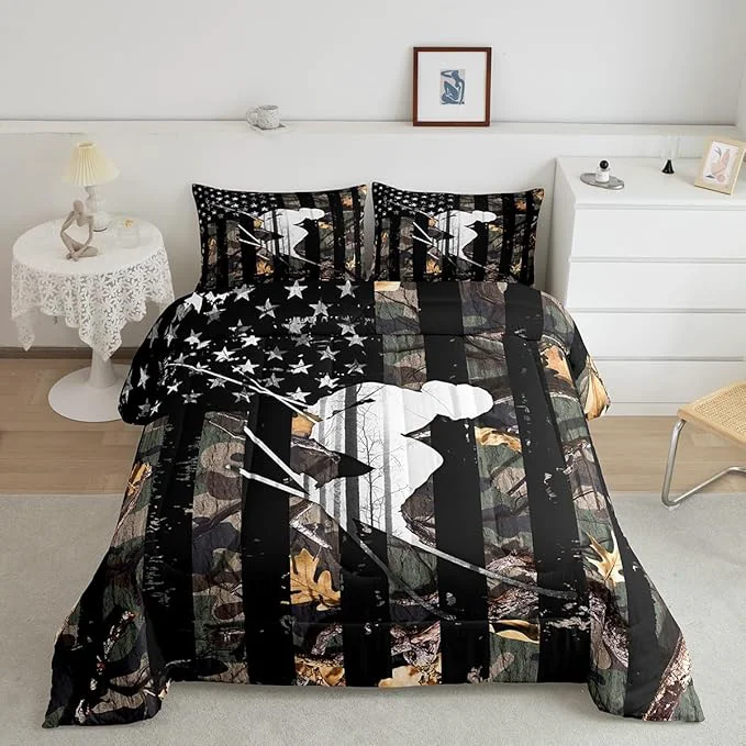 Solid Castle Fairy American Flag Comforter Set King Skiing Sports Theme Kids Boys Men Bedding Decor Camo Stripes Comforter with 2 Pillowcases Green Leaves Quilt Set 3 Pcs Camouflage Camo Room Decor High-Grade