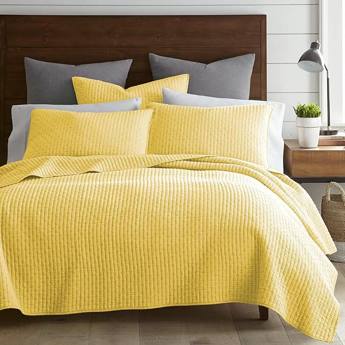 Enhanced Levtex Home Cross Stitch Reversible Twin XL Twin Quilt Set 68x86in with 1 Pillow Sham 26x20in – Stitch Texture – Yellow – Cotton Twin Twin Size Quilt Bedding Set – Lightweight Soft Pre-Washed Casual