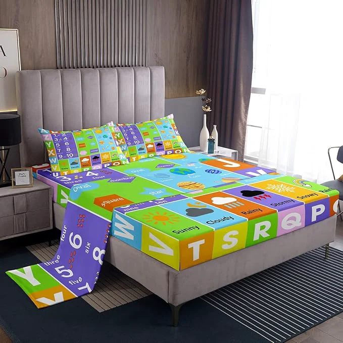 Powerful Alphabet Sheets Set King Educational Weather Planets Number Decor Bedding Set for Youth Women Bedroom Watercolor Patchwork Bed Set with Deep Pocket Fitted Sheet with 2 Pillow Case Premium Material