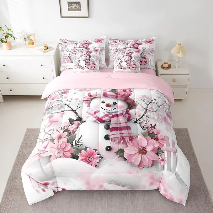 Trendy Winter Snowman Comforter Set 7 Pieces Rustic Cherry Blossom Trees Botanical Bed Set Farmhouse Decor Bedding Bed in a Bag Queen 1 Comforter 2 Pillowcase 2 Pillow Covers 1 Flat Sheet 1 Fitted Sheet Sustainable