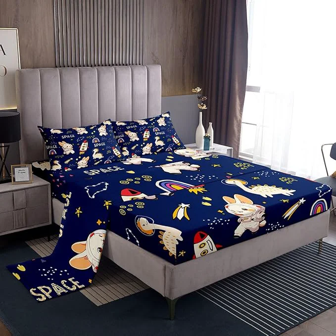 Responsible Cute Rabbits Bed Sheets Set Kids Boys Dinosaurs Fitted Sheet Cartoon Rocket Bedding Set for Bedroom Decor Starry Galaxy Navy Sheet Queen Flat Sheet amp Fitted Sheet with 2 Pillow Case Refined