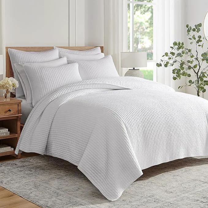 Traditional Levtex Home Cross Stitch Reversible Full Queen Quilt Set 88x92in and 2 Pillow Shams 26x20in – Stitch Texture – Bright White – Cotton Full Queen Size Quilt Bedding Set – Lightweight Soft Pre-Washed First-Class