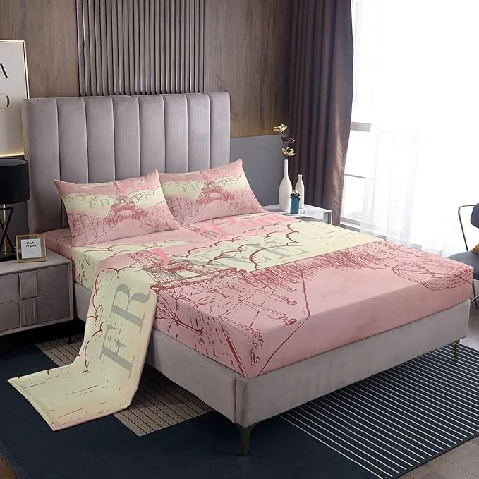 Refined Eiffel Tower Bed Sheets Set Retro Paris Style Fitted Sheet Vintage Cityscape Bedding Set for Bedroom Decor Girls Women Landmark Sheet Queen Flat Sheet amp Fitted Sheet with 2 Pillow Case Durable