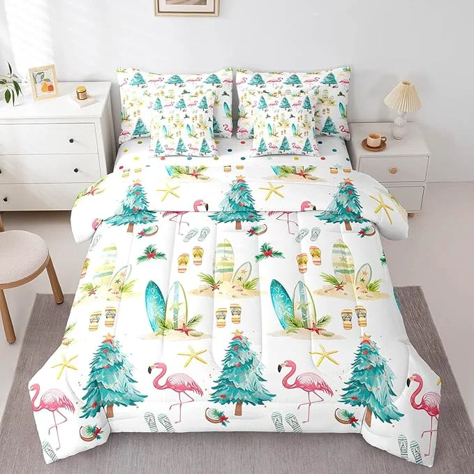 Solid Christmas Tree 7 Pieces Comforter Sets King Xmas Theme Flamingo Surfboard Bedding Set for Kids Girls Bedroom Decor Sea Beach Slippers Bed in a Bag with Comforter Sheets and Pillow Cases Artisan