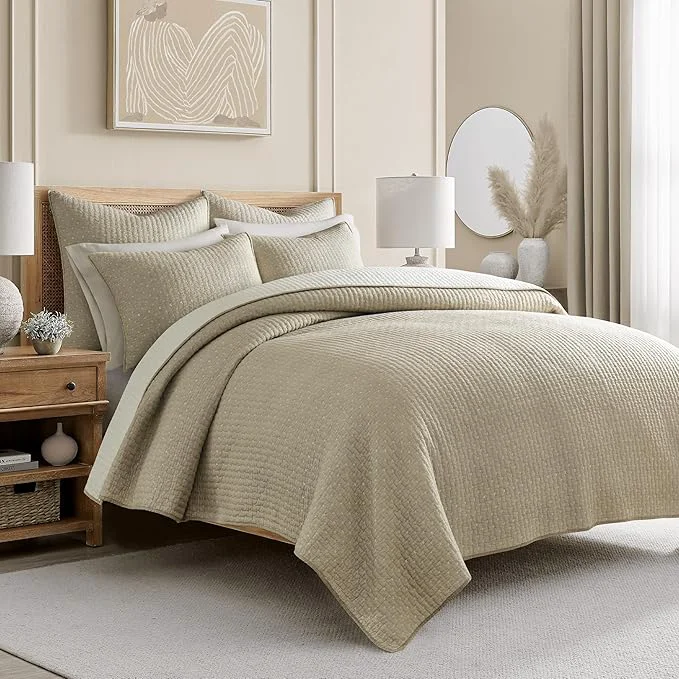 First-Class Levtex Home Cross Stitch Reversible Full Queen Quilt Set 88x92in with 2 Pillow Shams 26x20in – Stitch Texture – Taupe – Cotton Full Queen Size Quilt Bedding Set – Lightweight Soft Pre-Washed Long-Lasting