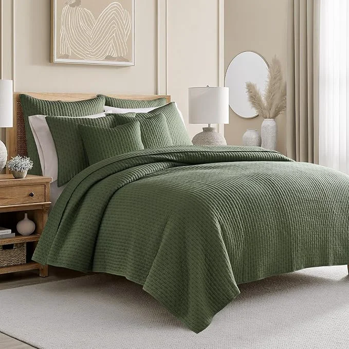Specialty Levtex Home Cross Stitch Reversible Twin XL Twin Quilt Set 68x86in with 1 Pillow Sham 26x20in – Stitch Texture – Forest Green – Cotton Twin Size Quilt Bedding Set – Lightweight Soft Pre-Washed Exceptional