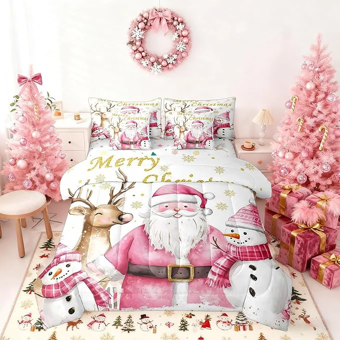 Enhanced Castle Fairy Cute Santa Claus 7 Pieces Bedding Set Queen Bed in a Bag Winter Snowman Deer Watercolor Christmas Theme Comforter Set Geometric Snowflakes Gold Print Soft Warm Microfiber Bedding Reusable