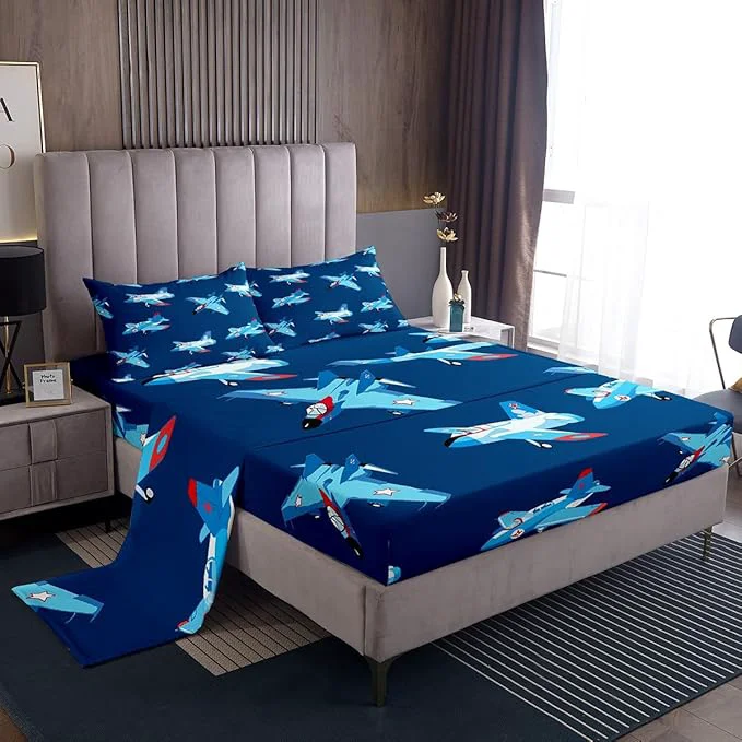 Reusable Kids Aircraft Bed Sheets Set Cartoon Transportation Vehicles Fitted Sheet Boys Airplane Bedding Set for Bedroom Decor Navy Blue Sheet King Flat Sheet amp Fitted Sheet with 2 Pillow Case Eco-Friendly