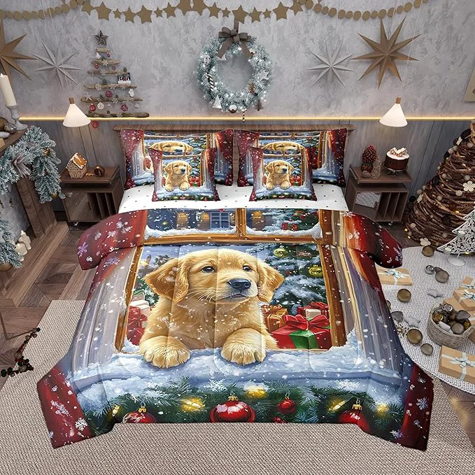 Verified Castle Fairy Cute Dog Puppy 7 Pieces Bedding Set King Bed in a Bag Watercolor Christmas Trees Bell Comforter Set Kids Happy New Year Gifts Soft Warm Microfiber Bedding Smooth