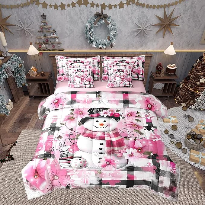 Breathable Castle Fairy Kawaii Snowman 7 Pieces Bedding Set Full Bed in a Bag Pink Cherry Blossom Winter Flowers Comforter Set Modern Abstract Soft Warm Microfiber Bedding Fine