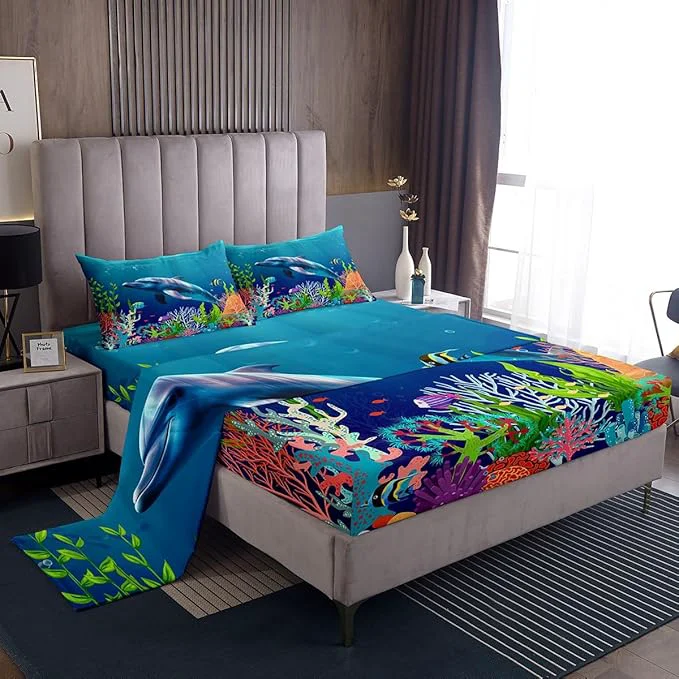 Convenient Cute Dolphin Kids Bed Sheets Set Ocean Fish Coral Fitted Sheet Cartoon Undersea Boys Girls Bedding Set for Bedroom Decor Blue Underwater Sheets Full Flat Sheet amp Fitted Sheet with 2 Pillow Case Fast