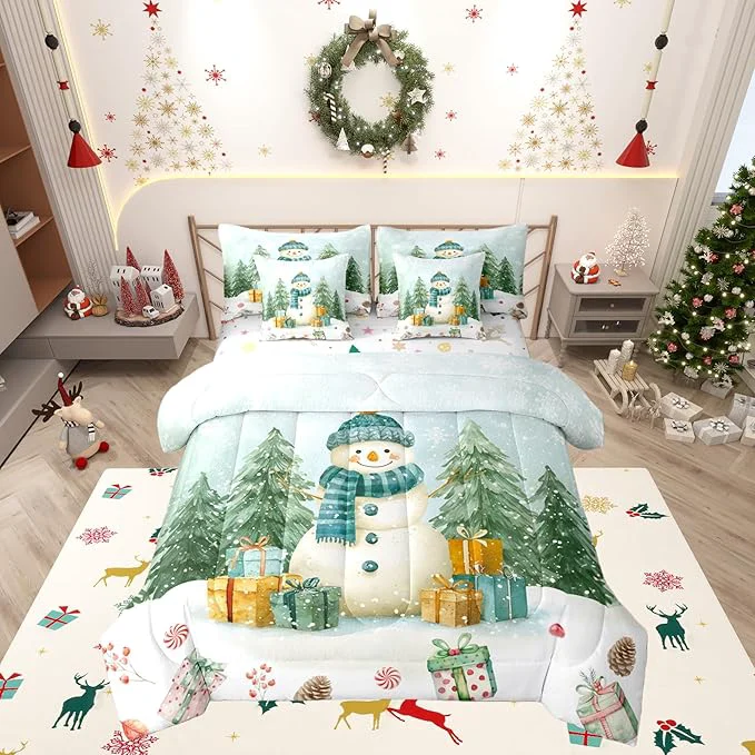 Original Kawaii Snowman Comforter Set 7 PCS Cartoon Christmas Trees Gifts Bed Set for Girls Kids Winter Christmas Theme Bed in a Bag Bedding Set with Comforter Sheet Set Pillowcases Pillow Covers Queen Luxury