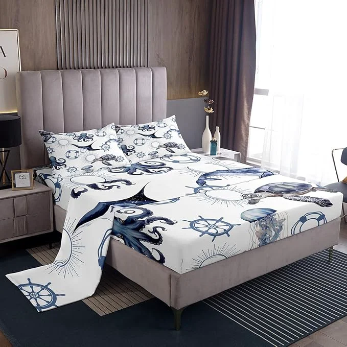 Smooth Sea Turtle Fitted Sheet Set Full Size 4 Pcs Octopus Jellyfish Ocean Life Lightweight Sheets Teens Room Decor Nautical Style Sea Animals Bedding Sets 1 Fitted 1 Flat 2 Pillowcases Optimized