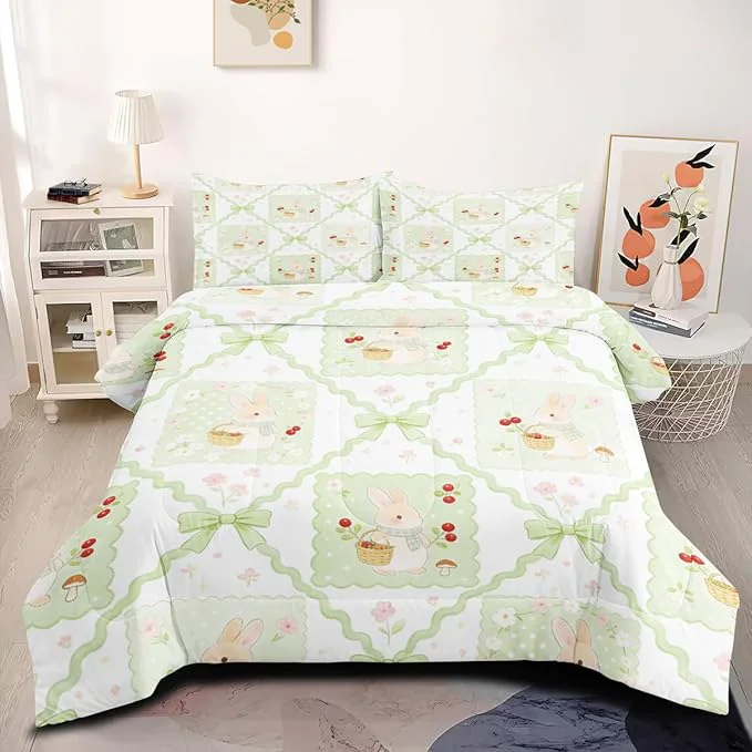 Fine Gingham Patchwork Bunny Cherry Comforter Set for Girls Twin Size 7 Pieces Green White Cartoon Bed Set 1 Comforter 68 quot x 90 quot 2 Pillowcases 1 Fitted Sheet 1 Flat Sheet 2 Pillow Shams Practical