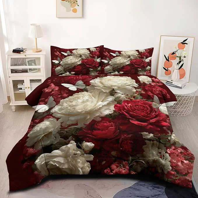 Comfortable 5Pcs Full Size Vintage Comforter Set for Women Red and White Rose Bedding Set for Girls Room Decor White Butterfly 1 Comforter 2 Pillowcases 1 Fitted Sheet 1 Flat Sheet Expertly Made