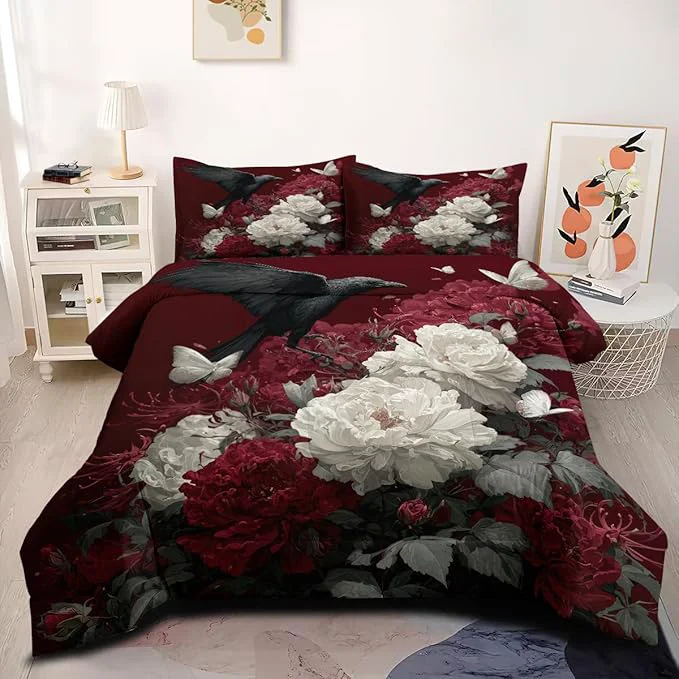 Consistent 2Pcs Twin Size Gothic Botanical Flowers Comforter Set for Girls Teens Red Rose and Black Crows Bedding Sets Washed Microfiber All Season with 1 Comforter 68 quot x 90 quot and 1 Pillowcase Fast