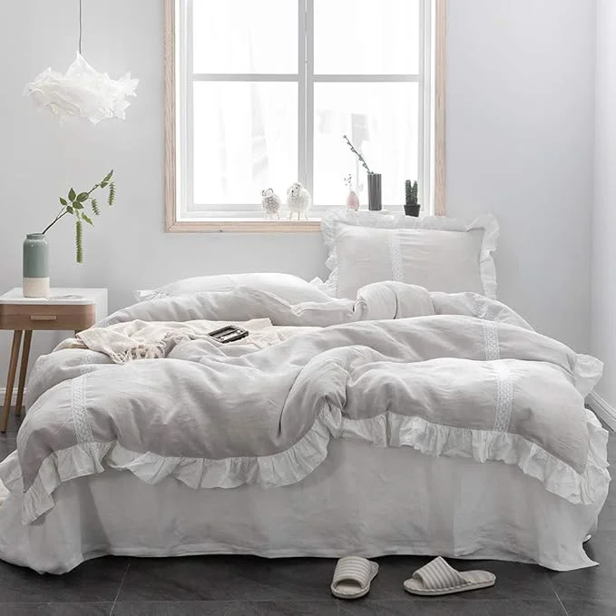 Quality Simple amp Opulence Linen Duvet Cover Set 88 quot x92 quot Floral Flax Queen Size Shabby Chic Ruffle Edge Lace Insert Decoration 3 Pcs Farmhouse Bedding-1 Comforter Cover 1 Pillow Shams Floral Grey Proven