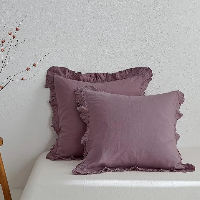 Convenient Simple amp Opulence Linen Euro Sham Covers with Ruffle 26×26 Inch Pillow Covers Set of 2 Euro Pillow Shams for Bed Couch French Home Decor Luxury and Breathable Square Pillow Cases Purple Eco-Friendly
