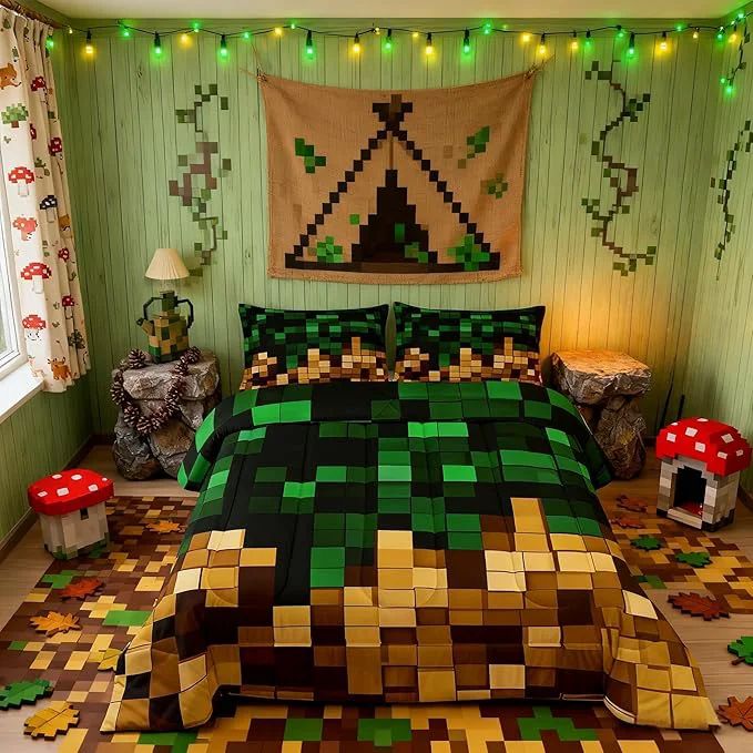 High-Grade Pixelated Miners Blocks Kids Bedding Set Queen Size Patchwork Square Video Games Comforter Set Geometric Patchwork Grid Quilt Comforter Green Yellow Bedroom Duvet Insert 2 Pillowcases Refined