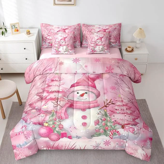 Dependable Castle Fairy Kawaii Snowman 7 Pieces Comforter Sets King Dreamy Pink Christmas Trees Bedding Set for Kids Girls Bedroom Decor Cute Winter Snowflake Bed in a Bag with Comforter Sheets and Pillow Cases High-End