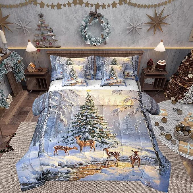 Genuine Winter Jungle Elk Deer Comforter Set Bed in a Bag 7 Pieces Full Merry Christmas Theme Bedding Set Vintage Farmhouse Style Comforter Fitted Flat Sheet 2 Pillowcases 2 Throw Pillow Covers Proven