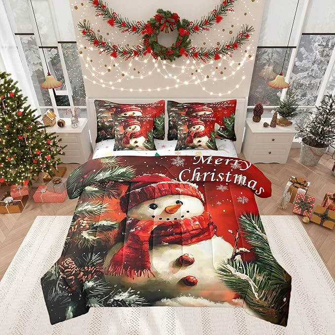 Green Winter Snowman Comforter Set 7 Pieces Merry Christmas Trees Flowers Bed Set Happy New Year Bedding Bed in a Bag Soft Queen 1 Comforter 2 Pillowcase 2 Pillow Covers 1 Flat Sheet 1 Fitted Sheet Classic