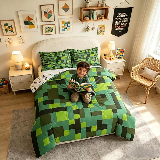Excellent Pixel Grid Miners Kids Bedding Set King Size Geometric Grid Patchwork Pixelated Comforter Set，Cartoon Gamepad Video Games Quilt Comforter Cyan Green Bedroom Duvet Insert 2 Pillowcases Recyclable