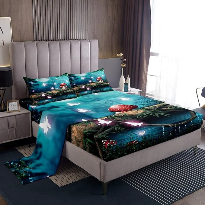 Detailed Red Mushroom Bed Sheet Set for Kids Moon Night Sky Jungle Sheets Set al Butterfly Cartoon Plant Home Decor Sheet Sets with Deep Pocket Top Sheet 1 Pillow Case Twin Contemporary