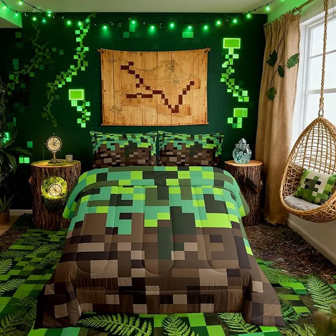 Innovative Miners Pixel Checked Kids Comforter Set Twin Size Video Games Check Lattice Bedding Set Boys Girls Room Decor Game Cartoon Gamepad Quilt Comforter Green Brown Duvet Set Bedroom Quilt Set 1 Pillowcase Environmentally Friendly