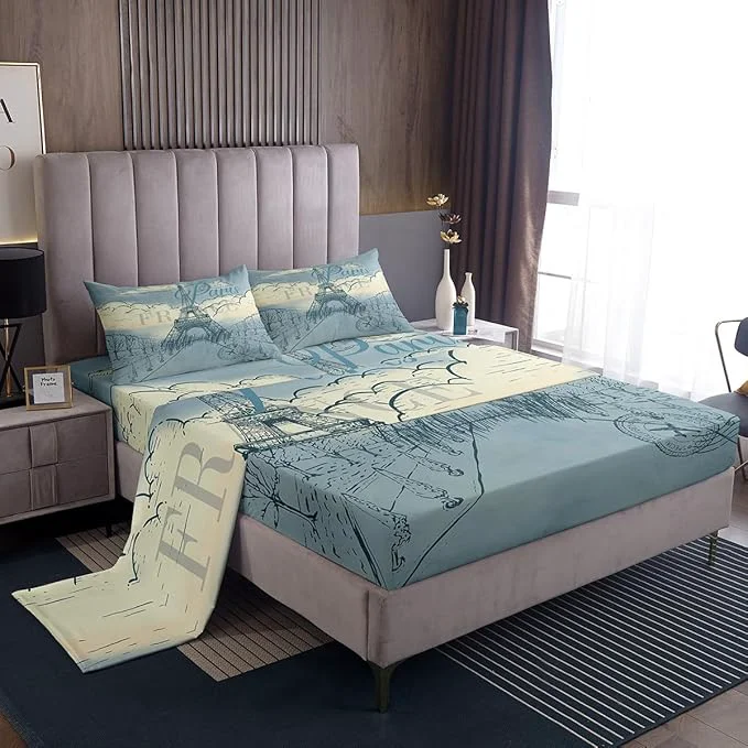 Fine Eiffel Tower Bed Sheets Set Retro Paris Style Fitted Sheet Vintage Cityscape Bedding Set for Bedroom Decor Boys Girls Landmark Sheets Full Flat Sheet amp Fitted Sheet with 2 Pillow Case High-Performance