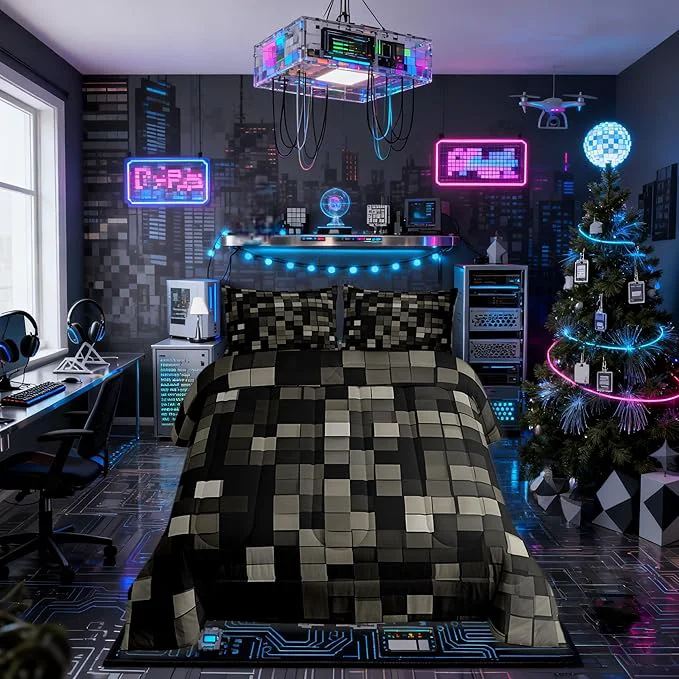 High-Performance PixelatedComforter Set King Size Patchwork Grid Video Games Kids Bedding Set Lattice Abstract Simple Quilt Comforter Dark Gray Duvet Insert 2 Pillowcases Long-Lasting